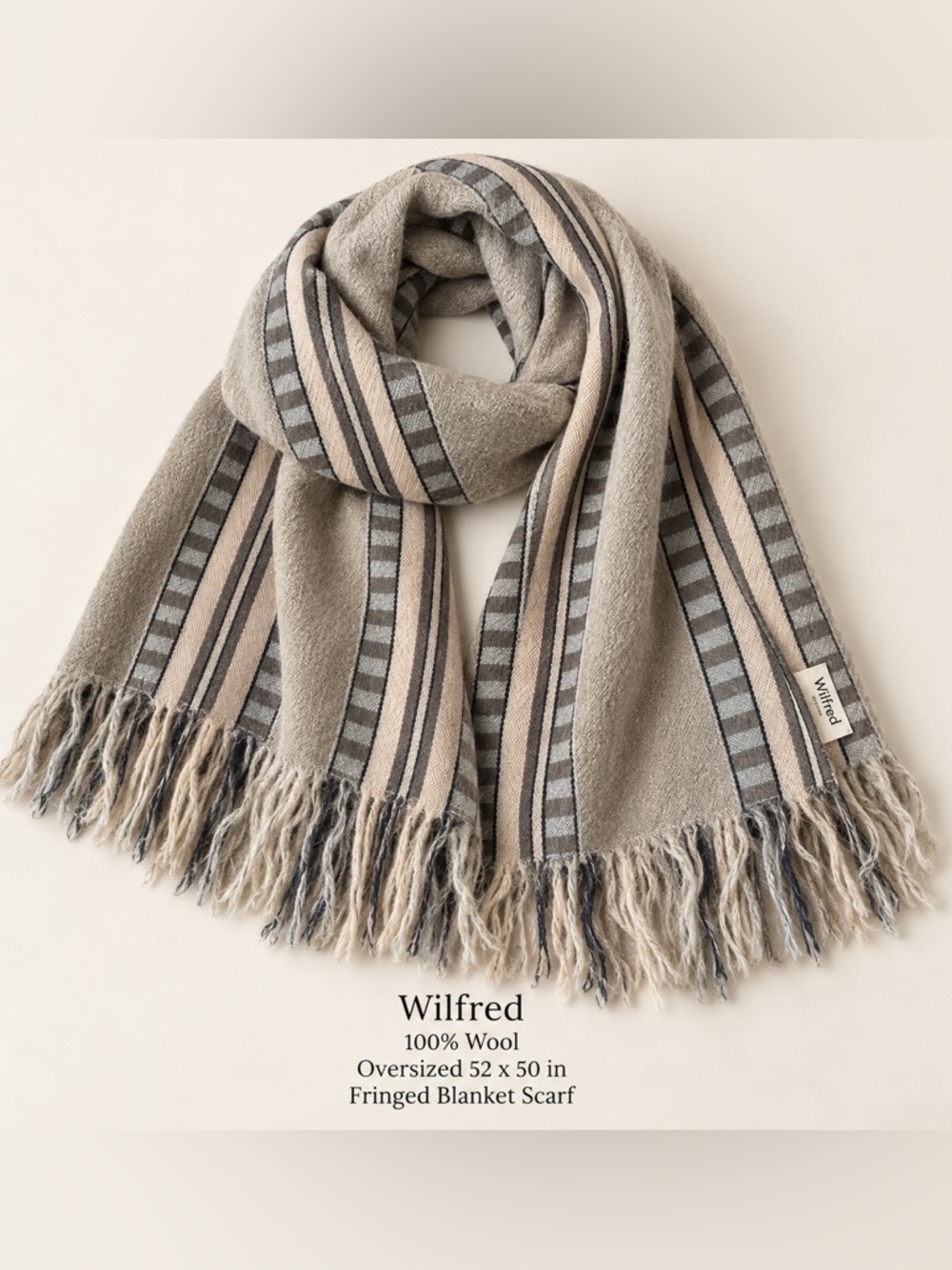 Wilfred 100% Wool, Oversized, Striped Wool Fringe Blanket Scarf